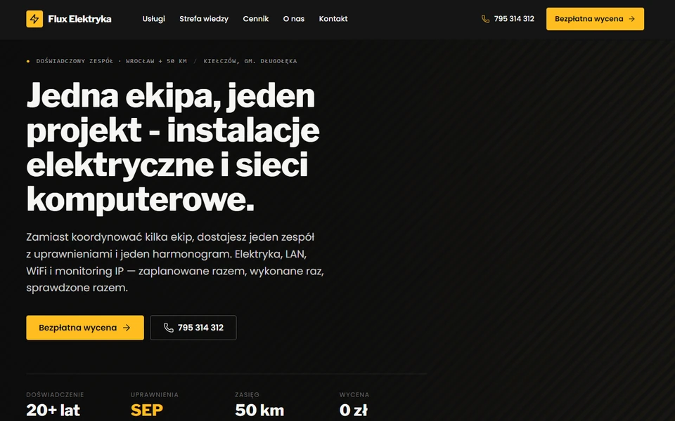 Strona firmy elektrycznej Flux Elektryka – widok strony głównej